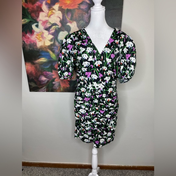 Veronica Beard Janis Ruched Floral Mini Dress Poplin Bubble Sleeves Designer 6 - Picture 6 of 14